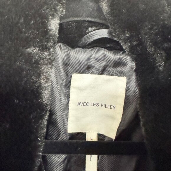 Avec Les Filles Black Faux Fur Long Coat Womens L Classic Warm Jacket Preppy - Picture 7 of 12